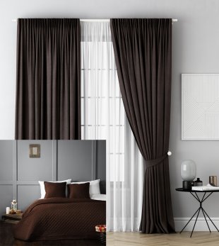 Комплект штор с покрывалом из матовой ткани, полиэстер, коричневый, 250 см - фото 1